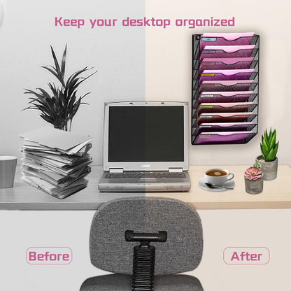 1 Pocket Mesh Wall File Holder Organizer Office Hanging File Folder Magazine Rack, Nametag Label Hooks Set Included (Black)
