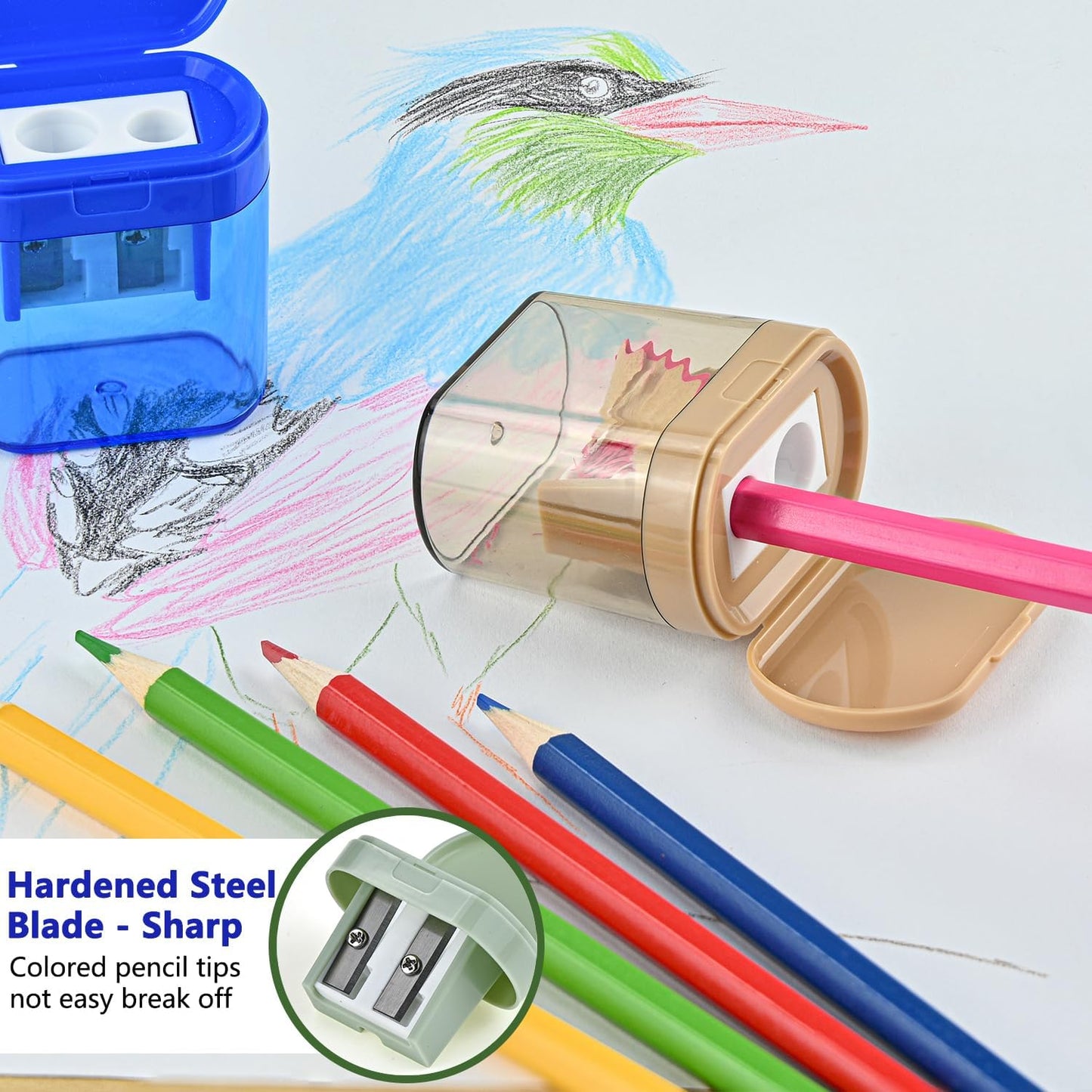 Colored Manual Pencil Sharpeners in Bulk, BOPART 24pcs Small Handheld Pencil Sharpener Dual Holes with Lid for Kids Adults at Classroom School Office Home (24Pcs Sharpeners - D)