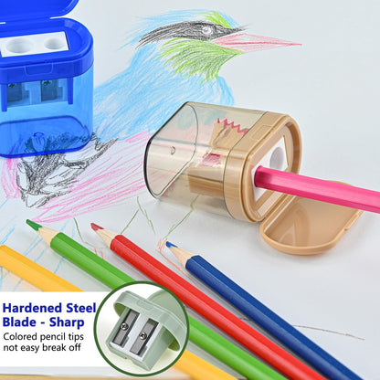 Colored Manual Pencil Sharpeners in Bulk, BOPART 24pcs Small Handheld Pencil Sharpener Dual Holes with Lid for Kids Adults at Classroom School Office Home (24Pcs Sharpeners - D)