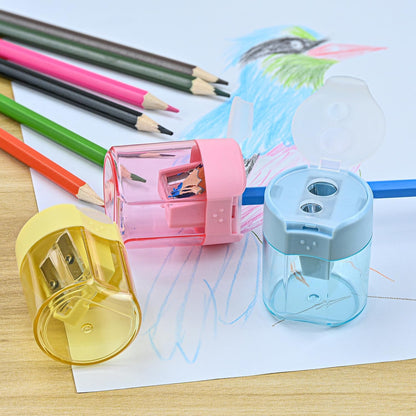 Colored Manual Pencil Sharpeners in Bulk, BOPART 24pcs Small Handheld Pencil Sharpener Dual Holes with Lid for Kids Adults at Classroom School Office Home (24Pcs Sharpeners - D)