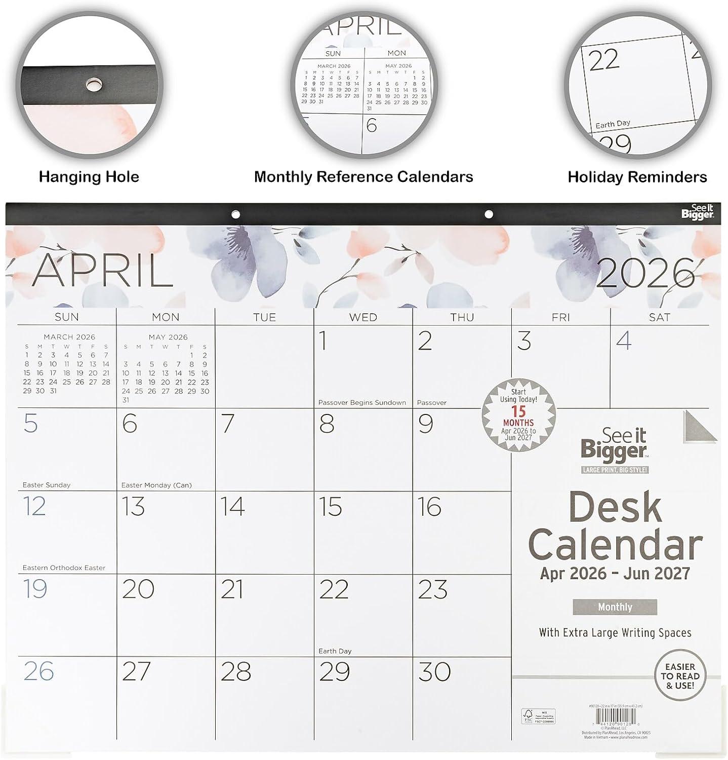 2026-2027 PlanAhead See It Bigger 22" x 17" Academic Monthly Desk Pad Calendar, Floral