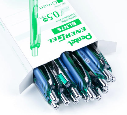 Pentel® EnerGel™ Deluxe RTX Retractable Liquid Gel Pens, Fine Point, 0.5 mm, 54% Recycled, Blue Barrel, Black Ink, Pack Of 12 Pens