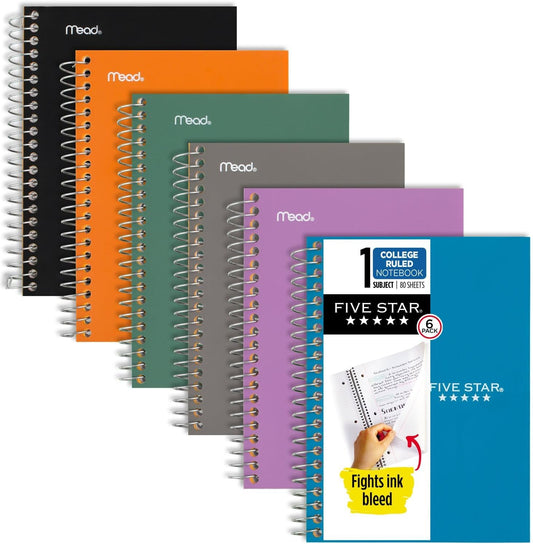 Five Star Spiral Notebooks, 12 Pack, 1 Subject, College Ruled Paper, 7" x 4 -/8", Personal Size, 80 Sheets, Purple, Orange, Green, Blue, Gray, Black (450048B-ECM)