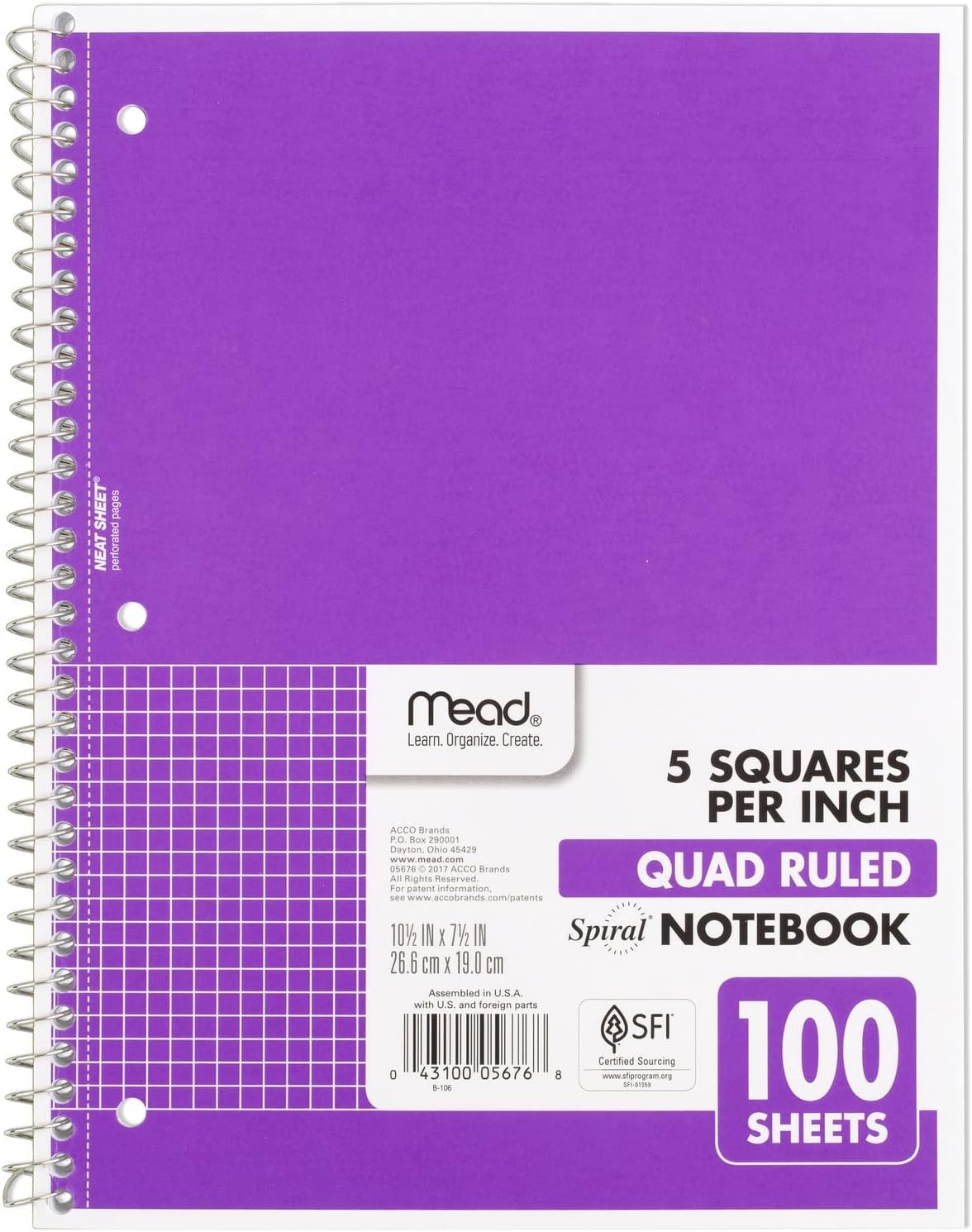 Mead Spiral Notebook, 1 Subject, Graph Ruled Paper, 7-1/2" x 10-1/2", 100 Sheets, Black (05676AA5)