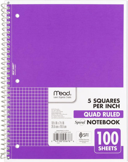 Mead Spiral Notebook, 1 Subject, Graph Ruled Paper, 7-1/2" x 10-1/2", 100 Sheets, Black (05676AA5)