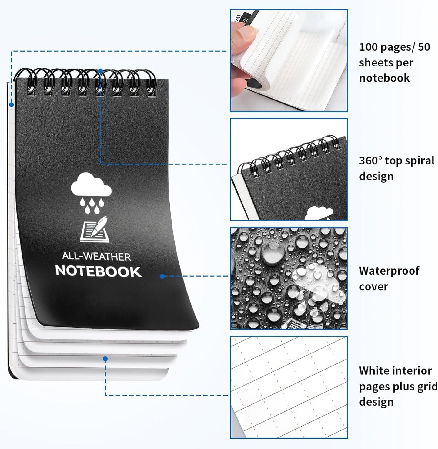 COIDEA 6 Pack Waterproof Notebook, 3 x 5 Pocket Notepad, Top-Spiral Weatherproof NotePad, All Weather Police Pocket Notebook Little Memo Steno Note Pads for Outdoor Office School Recording