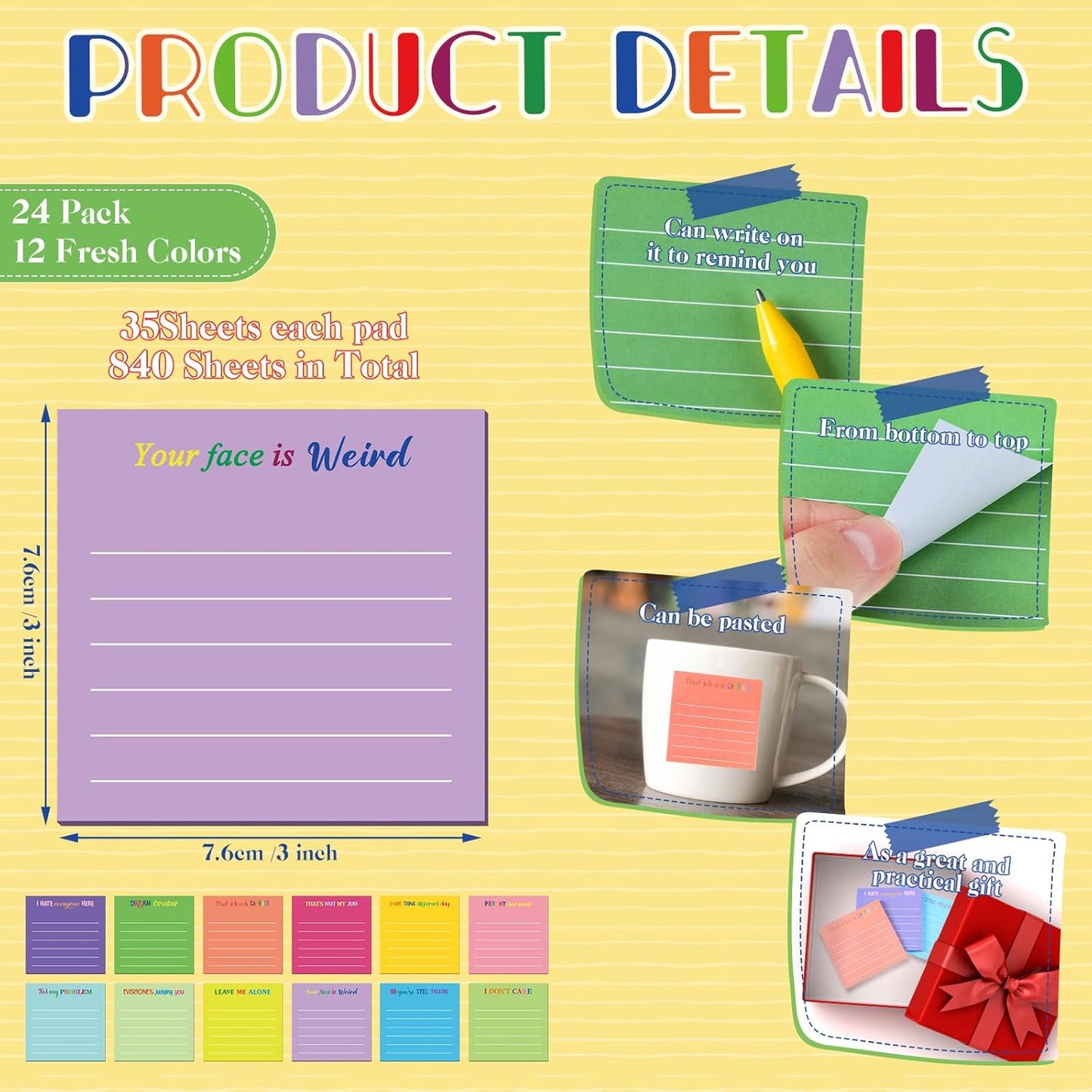 Yinder 48 Pcs Inspirational Sticky Notes Cute Motivational Sticky Notes Pad End of Year Employee Appreciation Gifts Bulk for Teacher Nurse Coworkers Office Supplies 3 x 3'' (Thank You,Dark Color)