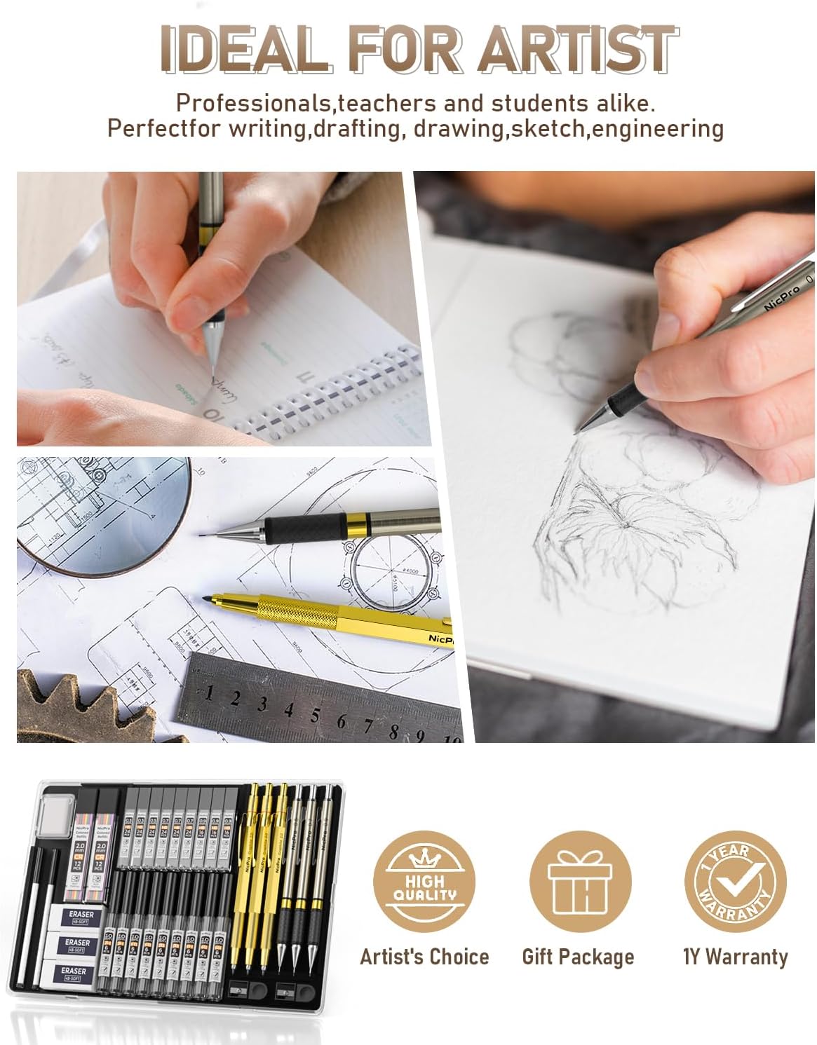 Nicpro 35PCS Art Mechanical Pencil Set, 3 PCS Metal Drafting Pencil 0.5 mm & 0.7 mm & 0.9 mm & 3 PCS 2mm Lead Holder (6B 4B 2B HB 2H 4H Colors) For Sketching Drawing With 20 Tube Lead Refills Case