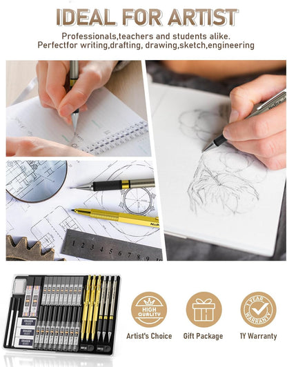 Nicpro 35PCS Art Mechanical Pencil Set, 3 PCS Metal Drafting Pencil 0.5 mm & 0.7 mm & 0.9 mm & 3 PCS 2mm Lead Holder (6B 4B 2B HB 2H 4H Colors) For Sketching Drawing With 20 Tube Lead Refills Case