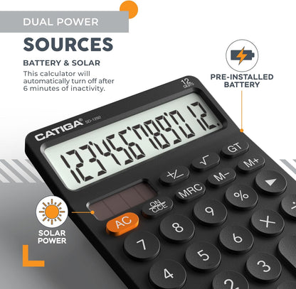 CATIGA 12 Digit Desktop Calculator Basic Desk Calculator with Large LCD Display, Big Buttons, 4 Function, Solar and Battery Dual Power, for Office, School, Home, SD-1292 Green
