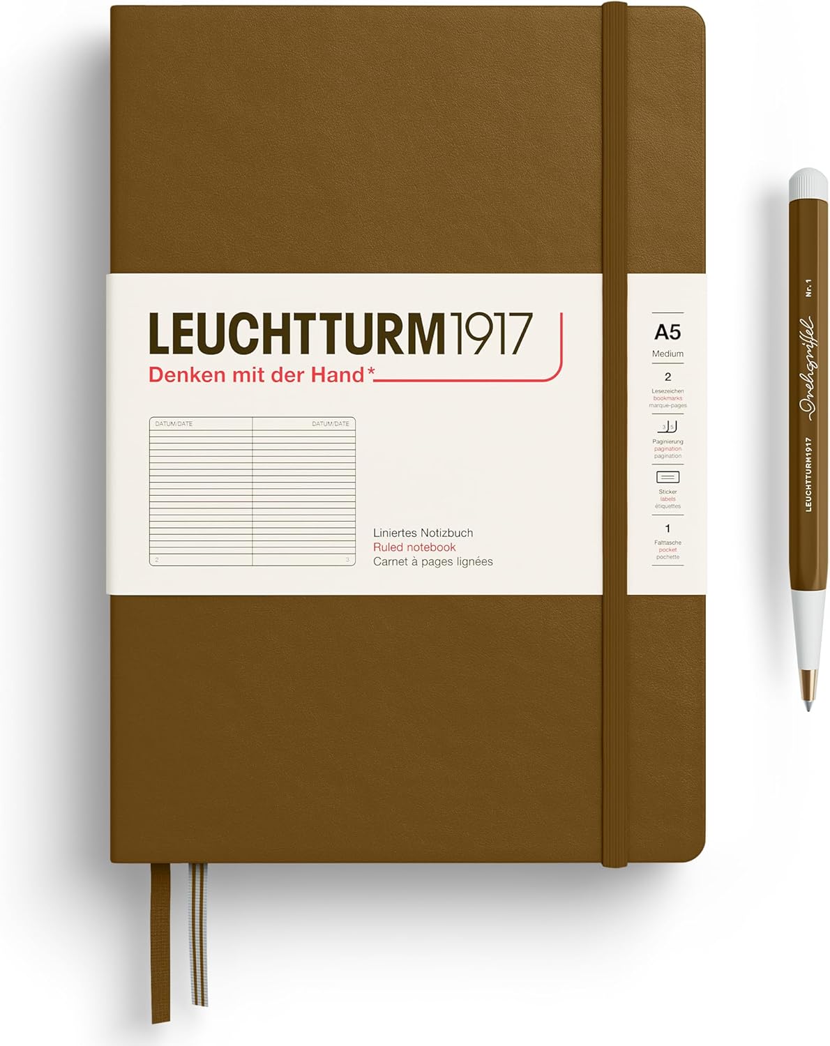 LEUCHTTURM1917 - Notebook Hardcover Medium A5-251 Numbered Pages for Writing and Journaling - Thinking Ahead (Plain Paper, Spice Brown)