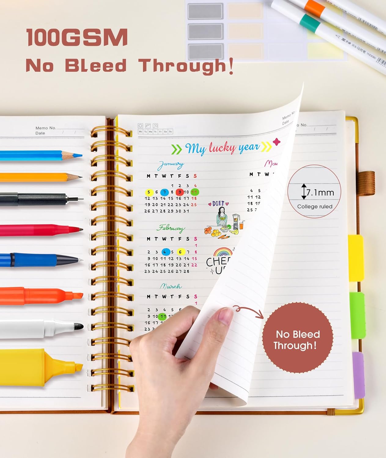 Hardcover Spiral Notebook Journal with Removable Dividers Tabs, 300 Pages Leather 5 Subject Notebook College Ruled, 8"x10" Large B5 Notebooks for Work School Note taking, Lined Journal for Women, Pink