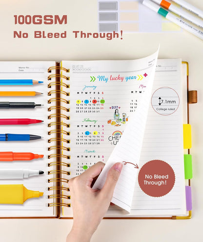 Hardcover Spiral Notebook Journal with Removable Dividers Tabs, 300 Pages Leather 5 Subject Notebook College Ruled, 8"x10" Large B5 Notebooks for Work School Note taking, Lined Journal for Women, Pink