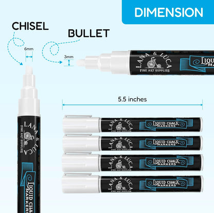 Liquid Chalk Marker Pen - White Dry Erase Marker - Chalkboard Signs, Windows, Blackboard, Glass (6 Pack) 3-6mm Reversible Tip, 3-3mm Fine Tip