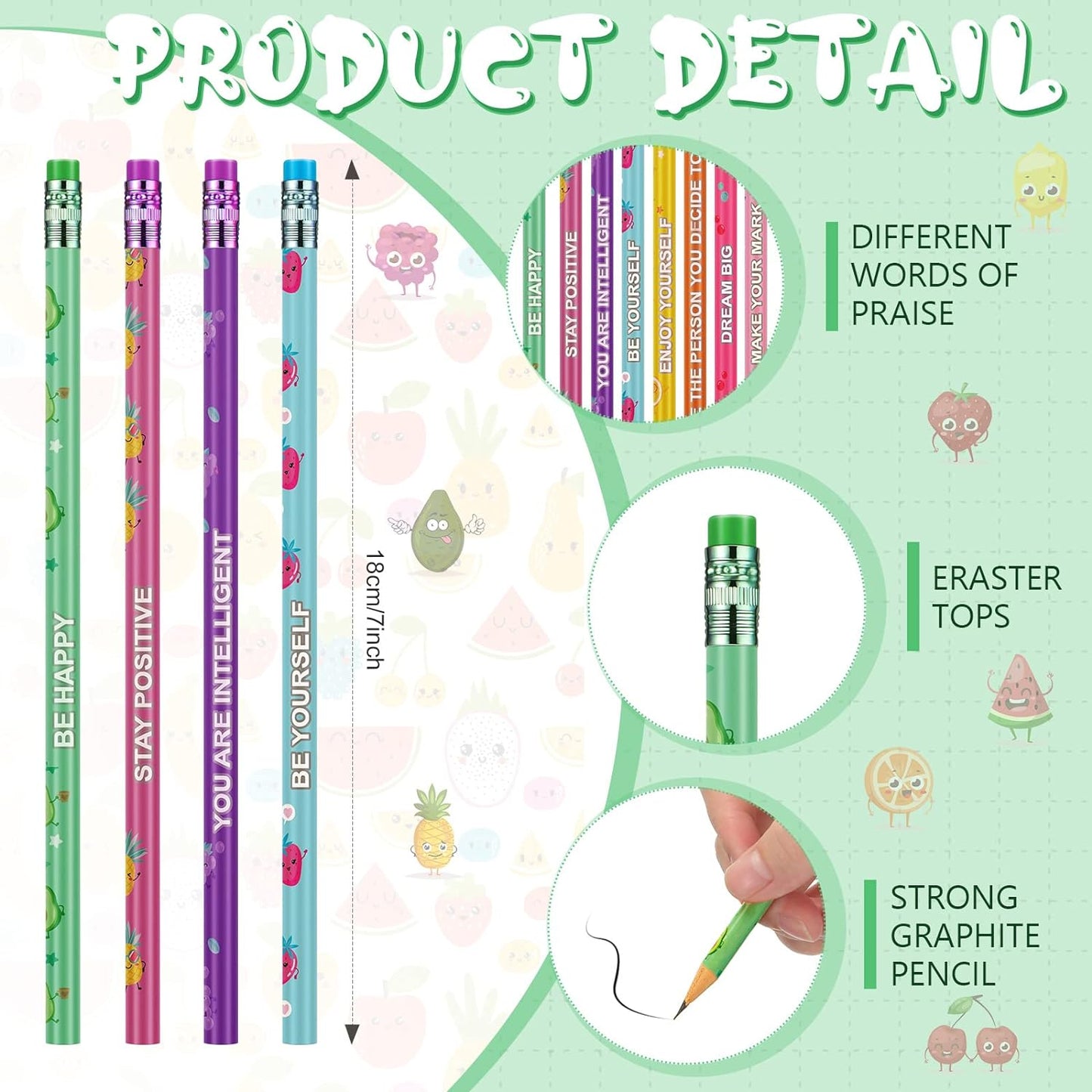 Leinuosen 48 Pcs Scented Pencils for Kids Cute Motivational Colorful Fun Wood HB Pencils Bulk with Erasers Fruit Elements for School Office Classroom Student
