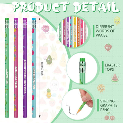Leinuosen 48 Pcs Scented Pencils for Kids Cute Motivational Colorful Fun Wood HB Pencils Bulk with Erasers Fruit Elements for School Office Classroom Student