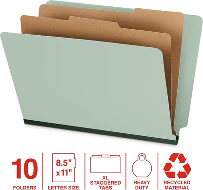 Staples Heavy‑Duty Classification Folder, 2 Dividers, 2" Expansion, Letter Size, 60% Recycled Pressboard, Gray/Green, 10/Box