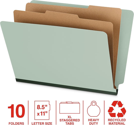 Staples Heavy‑Duty Classification Folder, 2 Dividers, 2" Expansion, Letter Size, 60% Recycled Pressboard, Gray/Green, 10/Box