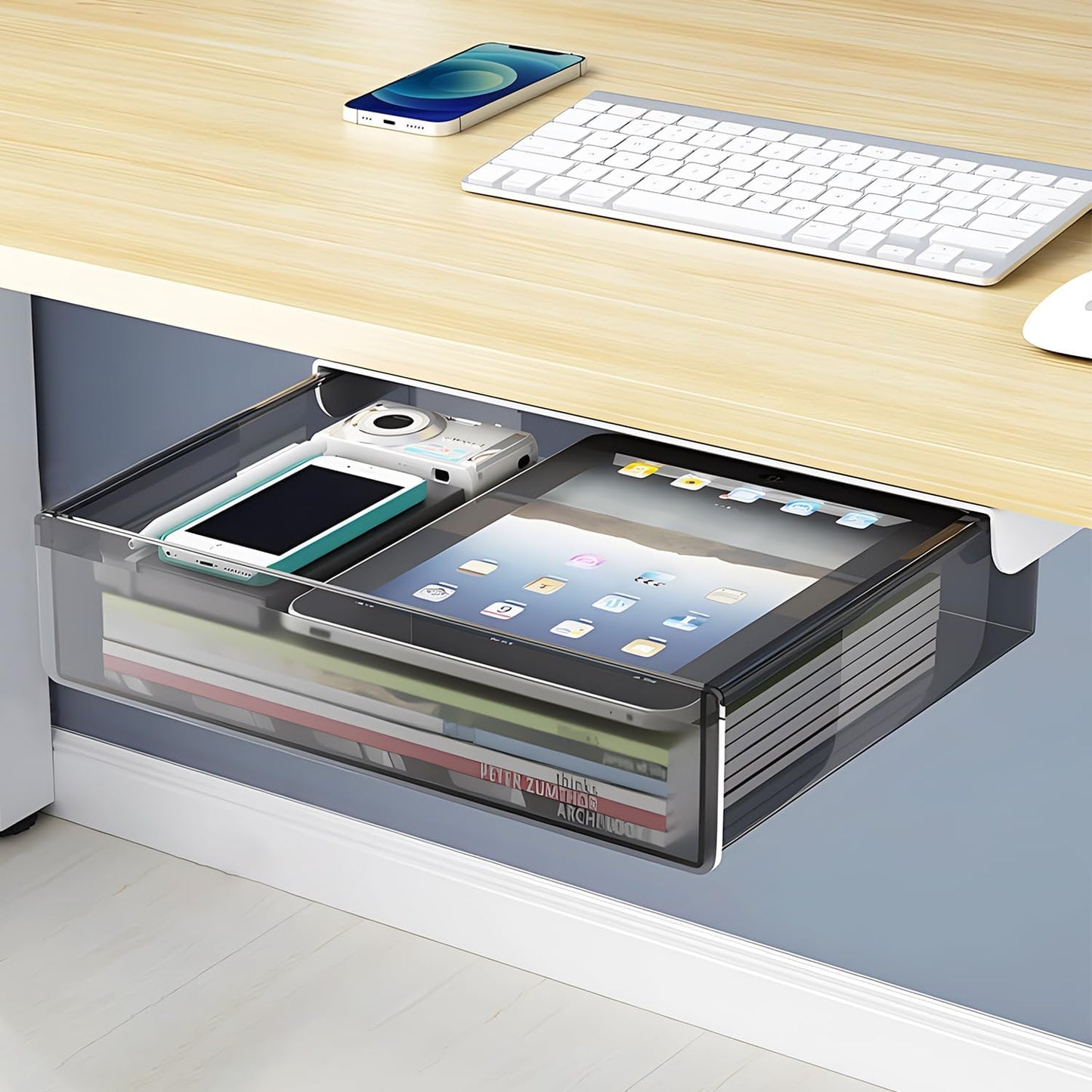SVNNELP Under Desk Table Drawer Storage Organizer Slide Out, Attachable Hidden Self-Adhesive Under Desk Pencil Tray Drawer for Office/Classroom/Home (Clear Black/M)