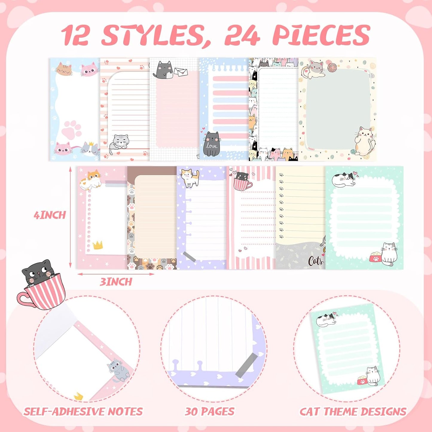 Gilprop 24 Pack Cat Sticky Notes Gift 3x4 Inch Cute Self Stick Notepads Adhesive Cartoon Cat Memo Pad Fun Kawaii Animal Sticky Notes for Teacher Women Valentines Office Home Christmas Pet Lover Gift