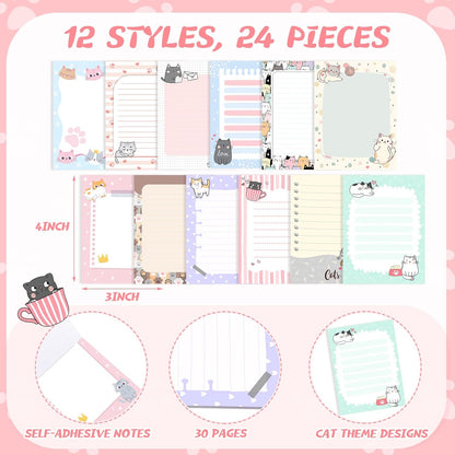 Gilprop 24 Pack Cat Sticky Notes Gift 3x4 Inch Cute Self Stick Notepads Adhesive Cartoon Cat Memo Pad Fun Kawaii Animal Sticky Notes for Teacher Women Valentines Office Home Christmas Pet Lover Gift