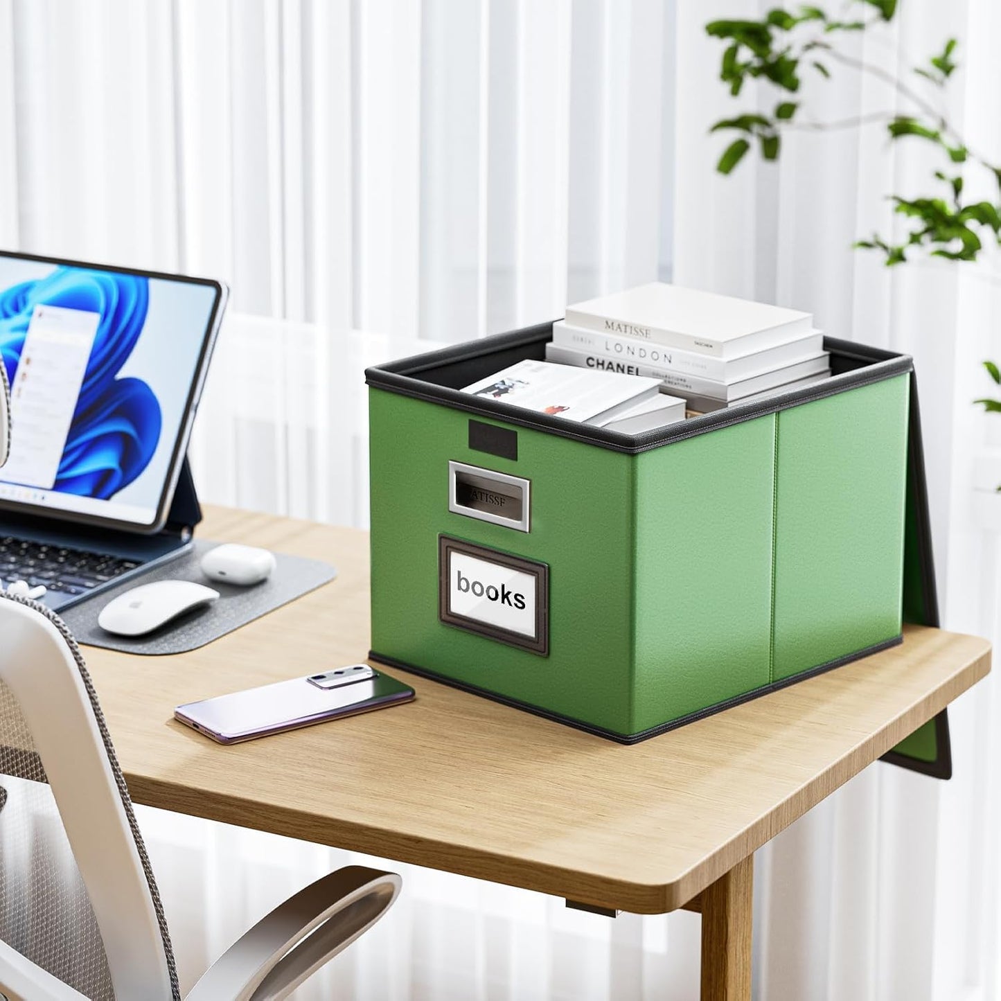 Huolewa Upgraded Portable File Organizer Box with Lid, Collapsible Linen Hanging Filing Storage Boxes with Plastic Slides, Decorative Home/Office Filing System Box for File and Folders Storage (Gray)