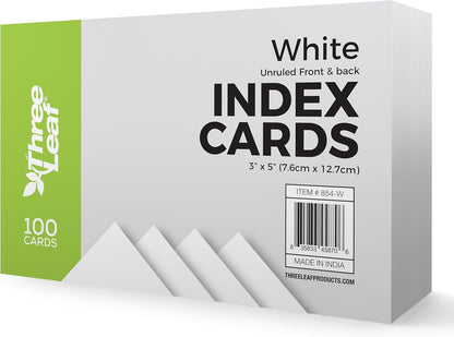 THREE LEAF 3 X 5, INDEX CARDS RULED, 100 CT. WHITE, Ruled Flash Cards, Study Card, Memo Pad, For To-Do List, Art And Craft Projects
