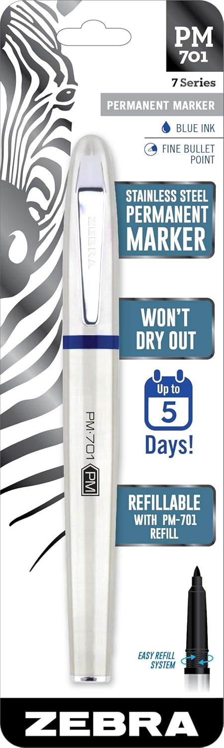 Zebra Pen, PM-701 Permanent Marker, Fine Bullet Point, Black Ink, Stainless Steel Barrel, Refillable, Includes 1 Refill, Cap Off Time of 120 Hours, 1-Pack (65211)