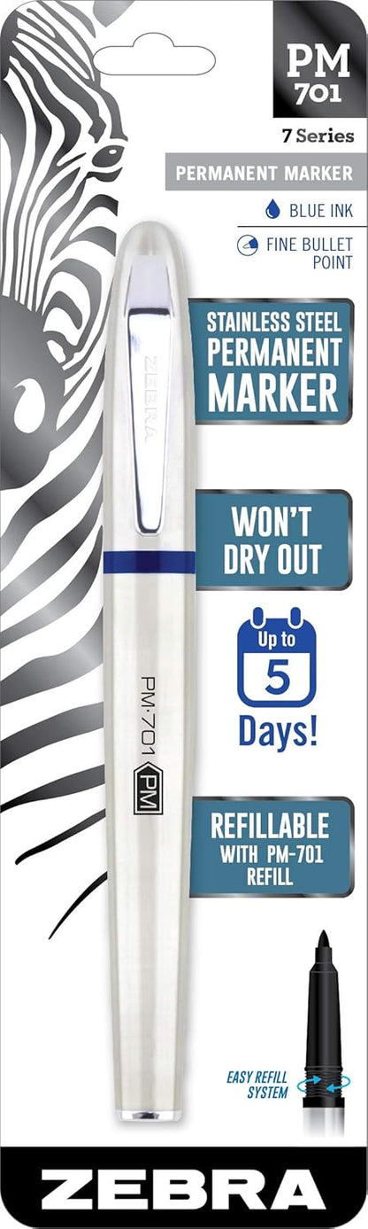 Zebra Pen, PM-701 Permanent Marker, Fine Bullet Point, Black Ink, Stainless Steel Barrel, Refillable, Includes 1 Refill, Cap Off Time of 120 Hours, 1-Pack (65211)