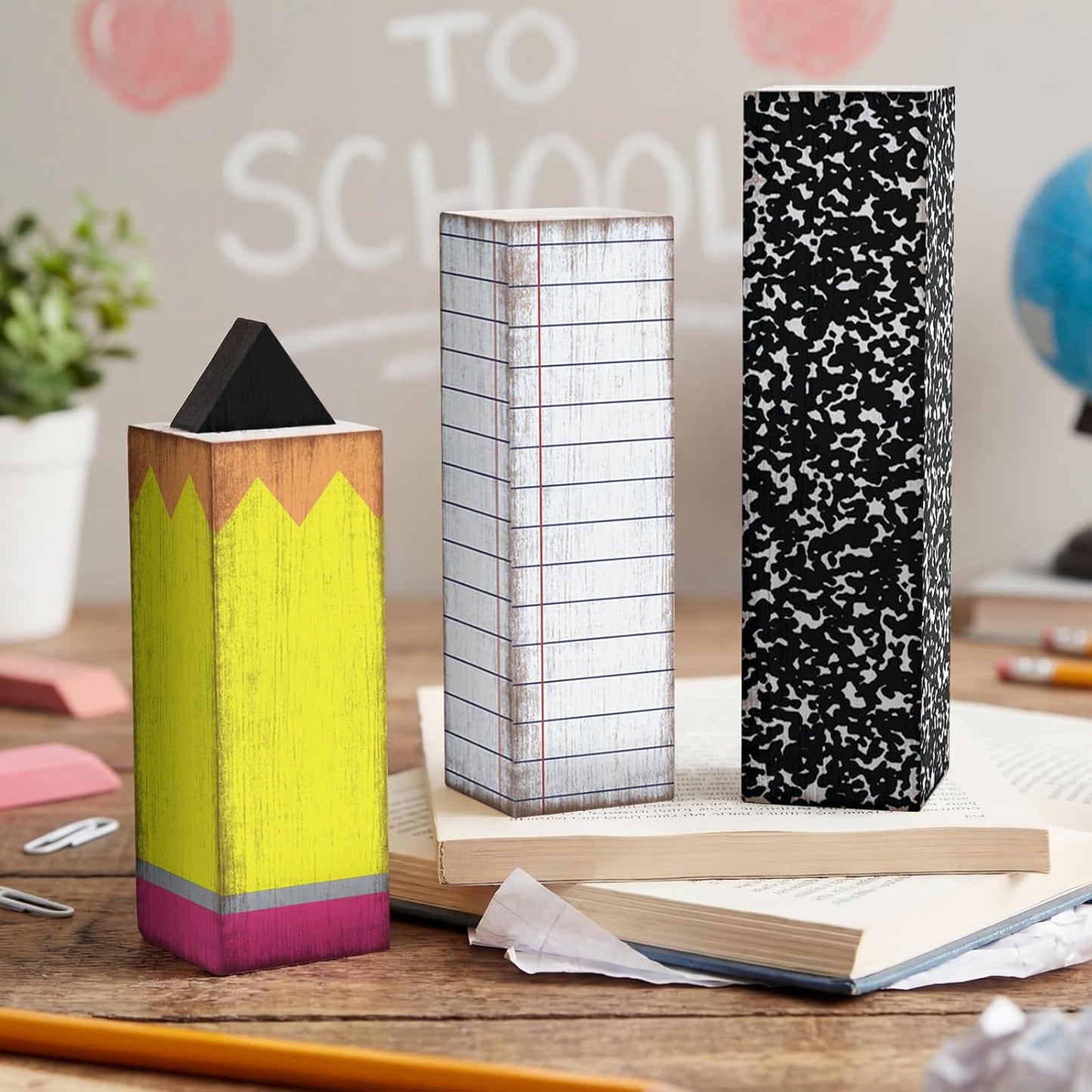 GlikCeil 3 Pcs Teacher Appreciation Week Table Decorations Wooden Classroom Decor Wood Pencil Notebook Paper Tiered Tray Decor for Teacher Desk, Back to School Party, Classroom Shelf