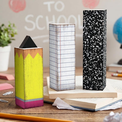 GlikCeil 3 Pcs Teacher Appreciation Week Table Decorations Wooden Classroom Decor Wood Pencil Notebook Paper Tiered Tray Decor for Teacher Desk, Back to School Party, Classroom Shelf