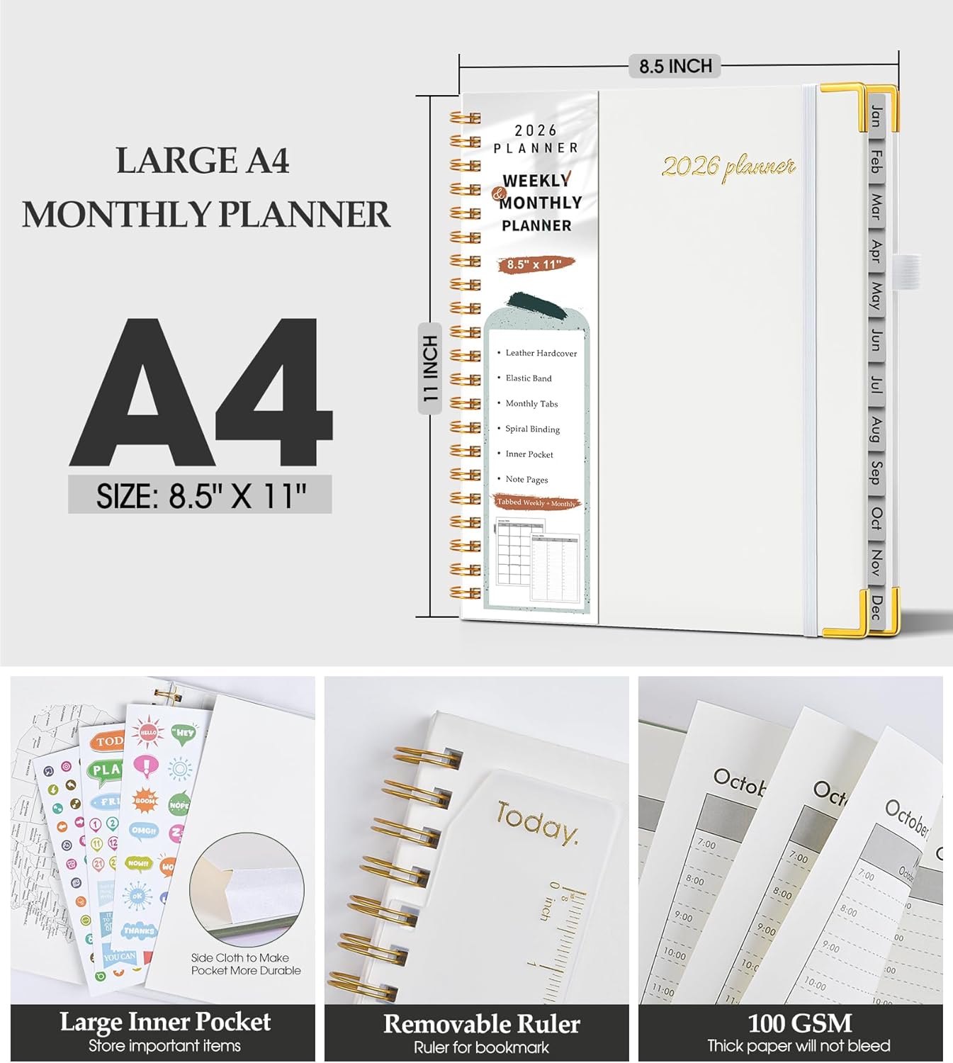 2026 Planner, Weekly and Monthly Calendar Planner from January 2026 - December 2026, 8.5" x 11" Hardcover Leather Hourly Appointment Book with Tabs, Spiral Daily Planners for School Work Home, Green