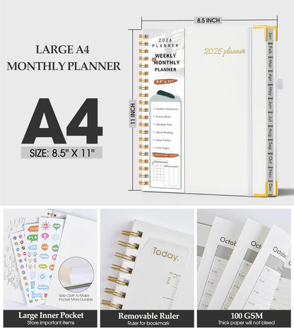 2026 Planner, Weekly and Monthly Calendar Planner from January 2026 - December 2026, 8.5" x 11" Hardcover Leather Hourly Appointment Book with Tabs, Spiral Daily Planners for School Work Home, Green