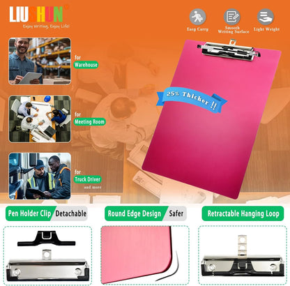 Aluminum Metal Clipboard Stainless Hangable Pen Holder Low-Profile Clip Board Size A4 9" x 12.6" with Sticky Note for School Office Business Medical Professionals Workshop Factory (Pink, Aluminum-A4)