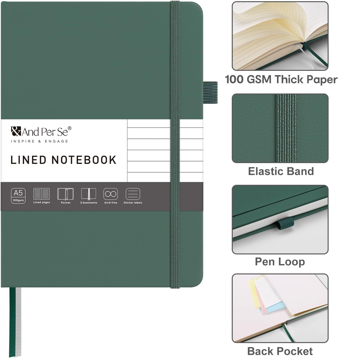 &And Per Se Lined Journal Notebook – A5 5.7”x8” College Ruled, 160 Pages, 100gsm Thick Paper, Journaling Notebooks for Writing (Black)