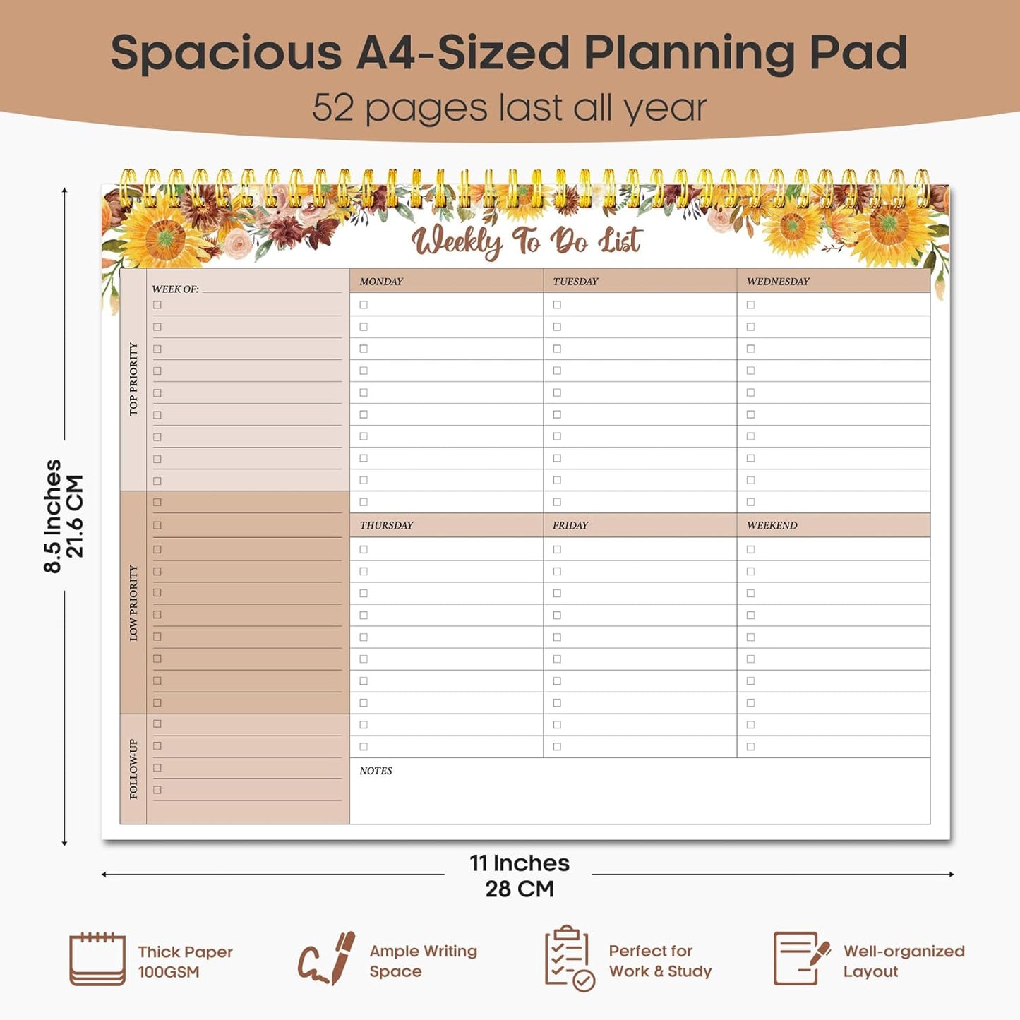 Taja Weekly To Do List Notepad with 52 Undated Sheets（8.5"×11"）- Weekly Desk Planner for Women & Man, Work and Home -1 Pack Violet Dream