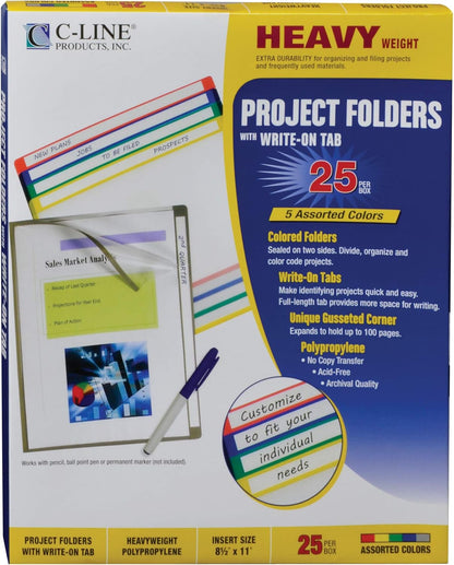 C-Line Write-On Project Folders, Heavyweight Poly, Assorted Colors, 8.5 x 11 Inches, 25 per Box (62160)