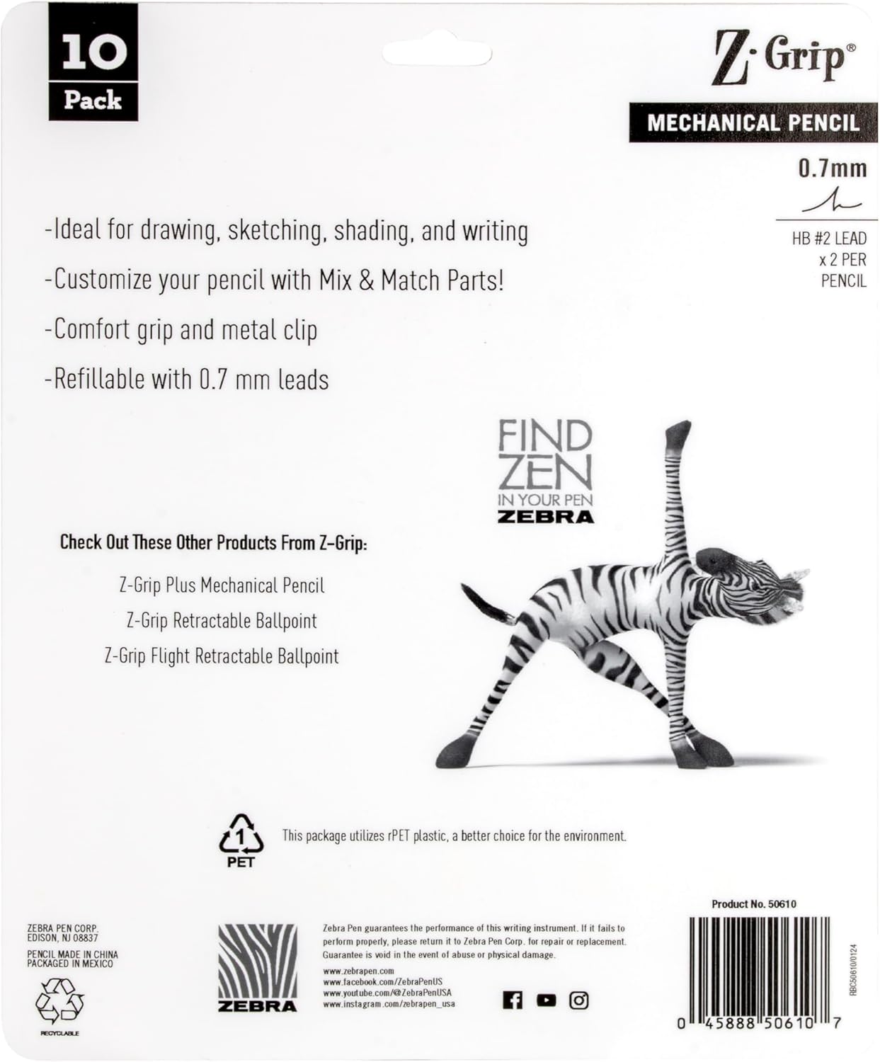 Zebra Pen, Z-Grip Mechanical Pencil, Smooth Writing, Latex-Free Grip, 0.7mm Lead, #2 HB, Pre-Loaded with Lead and Eraser, for School, Office, Everyday Use, Refillable, Clear Barrel, 24-Pack, (15241)