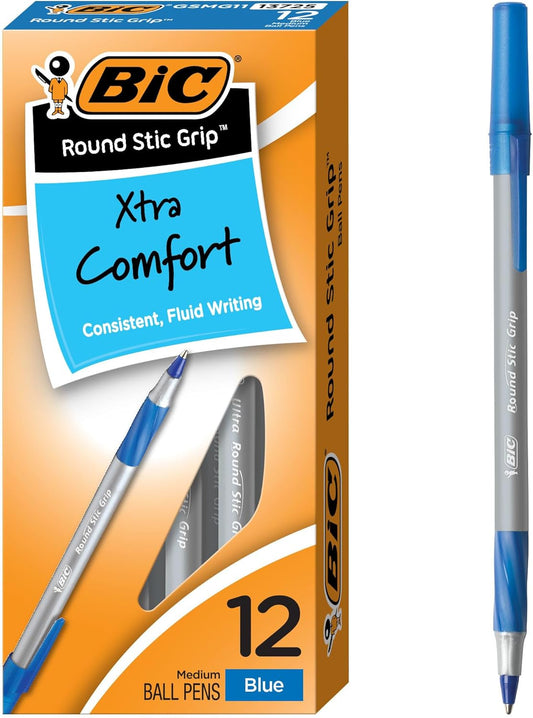 BIC Round Stic Grip Xtra Comfort Blue Ballpoint Pens, Medium Point (1.2mm), 12-Count Pack, Excellent Writing Pens With Soft Grip for Superb Comfort and Control