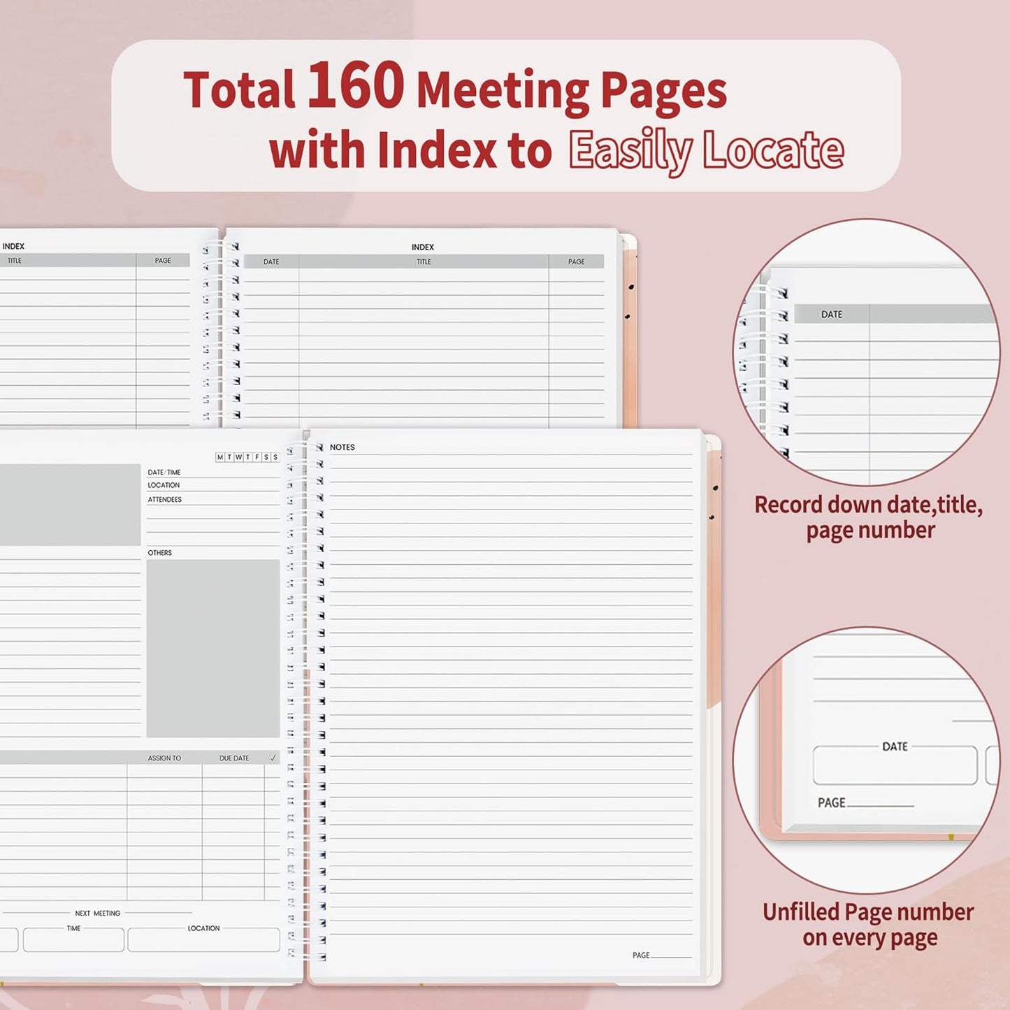 SUNEE Half Meeting Half Note - 7.5"x10" Professional Notebooks for Work - 160 Pages, B5 Size Project Planner, Spiral Meeting Agenda/Minutes Organizer for Women Men, Note Taking, Office & Business