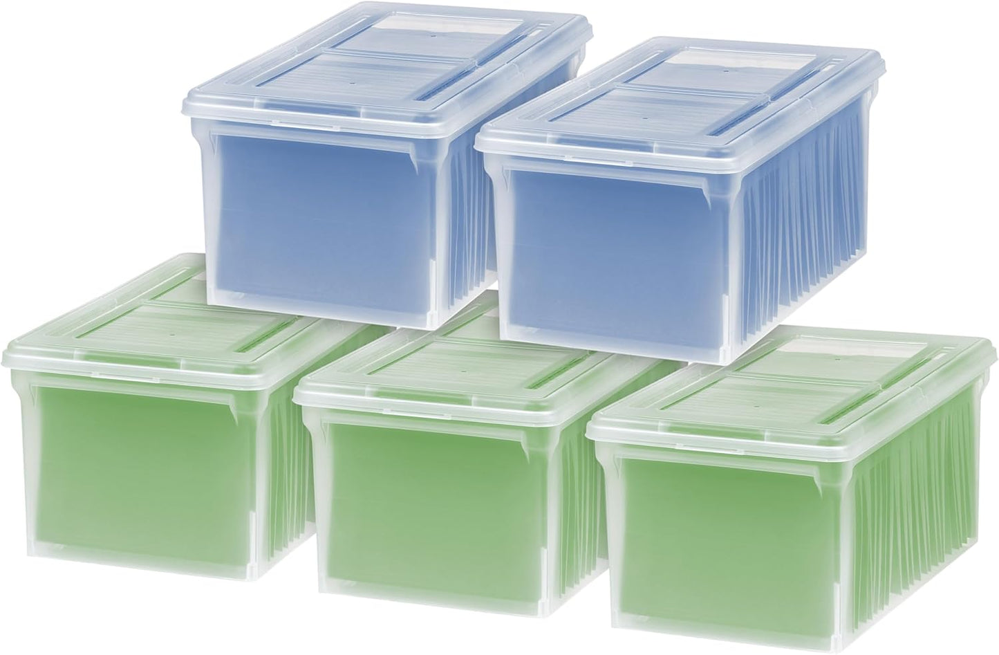 IRIS USA File Box, File Organizer w/Hinged Split Lid for Letter File, Important Document Box, Plastic Storage Filing Bin for Moving, Stackable Nestable Portable, Pearl 44 Qt. 4 Pack