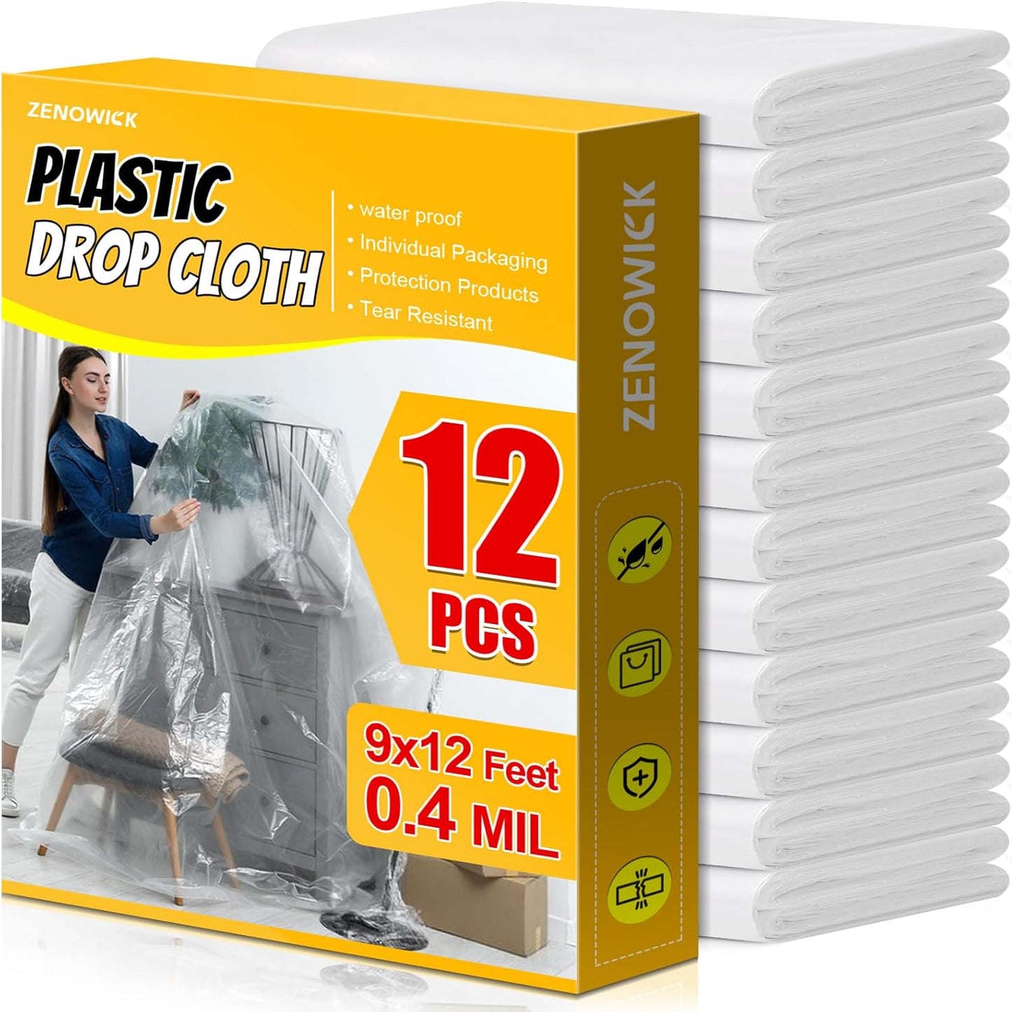 12 Pack Plastic Drop Cloth, 9x12 Ft Plastic Sheeting for Painting, Dust-Proof Tear-Resistant Painters Plastics Tarp Cloth for Furniture Floor Sofa Protector Cover Durable & Thick