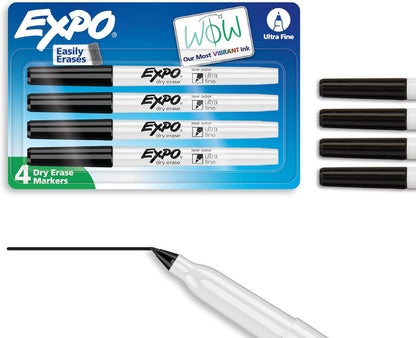 EXPO Dry Erase Markers, Low Odor Ink, Black, Ultra Fine Tip, 4 Count