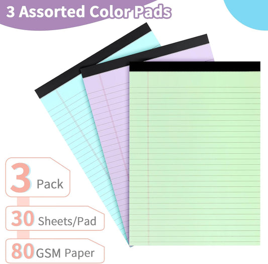Colored Legal Pads, 3 Pack Writing Pads 8.5 x 11 inch, Micro Perforated Notebooks with Sturdy Back, Wide Ruled, 30 Sheets Per Writing Pad for School, College, Office, Professional (Blue/Purple/Green)