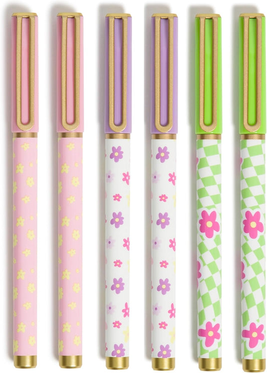 U Brands Catalina Felt Tip Pens, Set of 6 Black Ink Pens, Soft Touch Jewel Tones, Gold Details, Medium (0.7 mm) Point