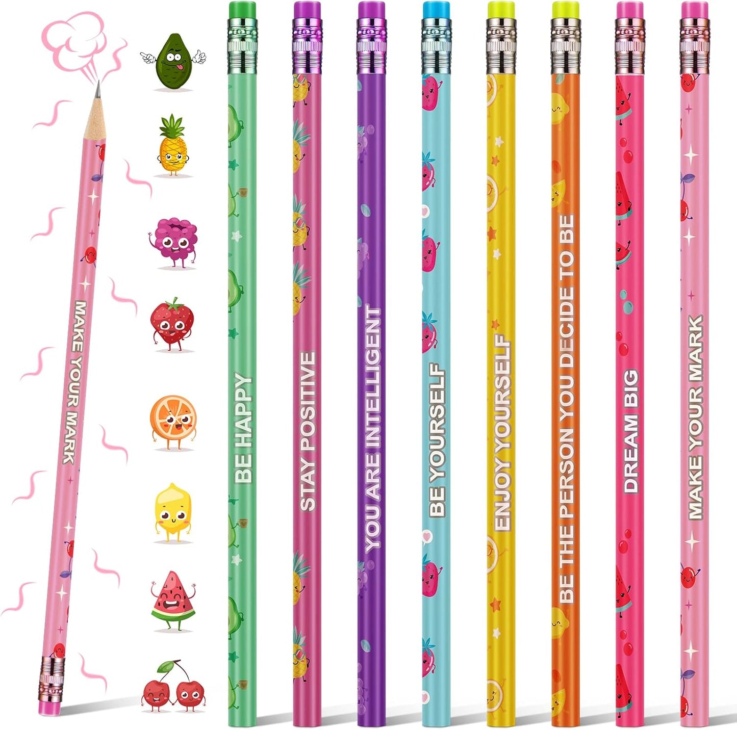 Leinuosen 48 Pcs Scented Pencils for Kids Cute Motivational Colorful Fun Wood HB Pencils Bulk with Erasers Fruit Elements for School Office Classroom Student