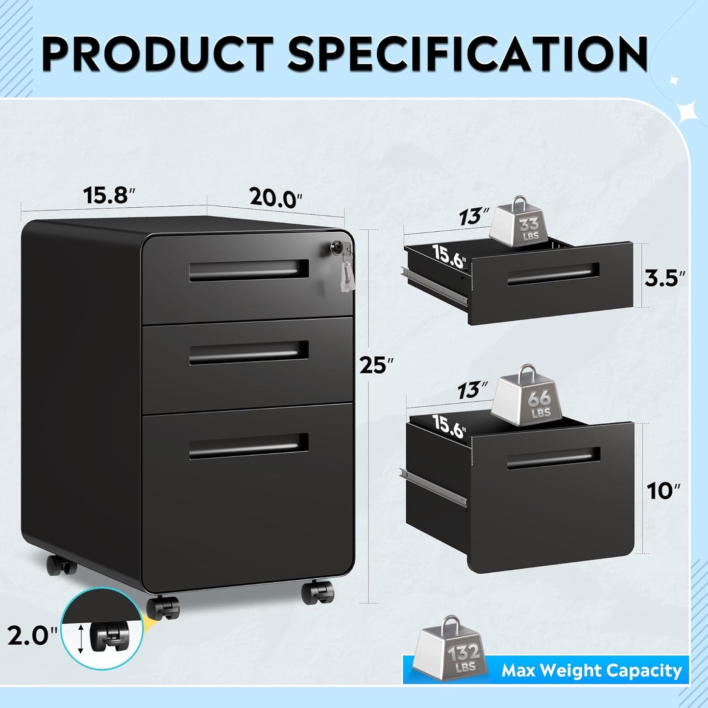 DEVAISE 3 Drawer Mobile File Cabinet Under Desk Office, Fully Assembled Except Casters, Letter/Legal Size, Black