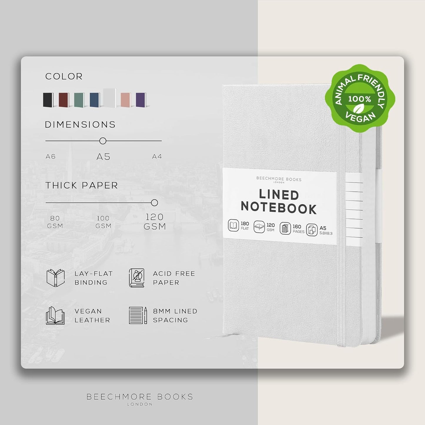 BEECHMORE BOOKS Large Lined Journal Notebook, 8.5" x 11.5" (A4) Hardcover Vegan Leather Executive Diary for Work, Thick 120gsm Paper, Lay-Flat Binding, Gift Box