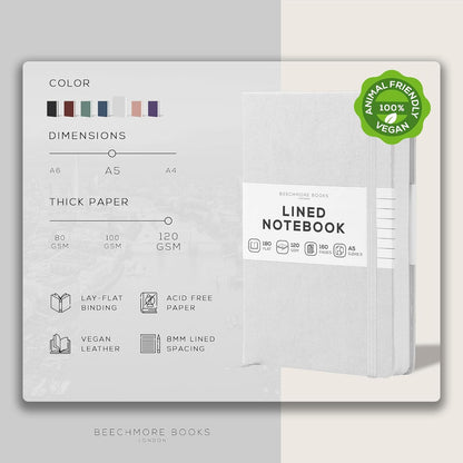 BEECHMORE BOOKS Large Lined Journal Notebook, 8.5" x 11.5" (A4) Hardcover Vegan Leather Executive Diary for Work, Thick 120gsm Paper, Lay-Flat Binding, Gift Box