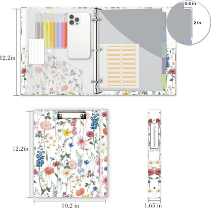 3 Ring Binder 1 Inch, Three Ring Binders Organizer with Clipboard, 5-Tabs Pockets Dividers, Plastic Folder, 18 Divider Stikers, BVSSX Pretty Binder with Pen Loop (Black Weeds, Letter Size)
